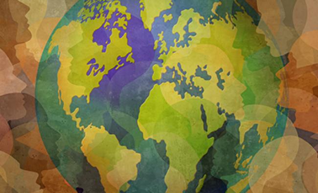 Graphic of earth juxtaposed with human silhouettes